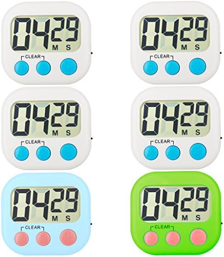 Kitchen Timer 6 Pack Small Digital Electronic Loud Alarm, Magnetic Backing, ON/OFF Switch, Minute Second Countdown, White, Green, Blue and Orange (3colors)