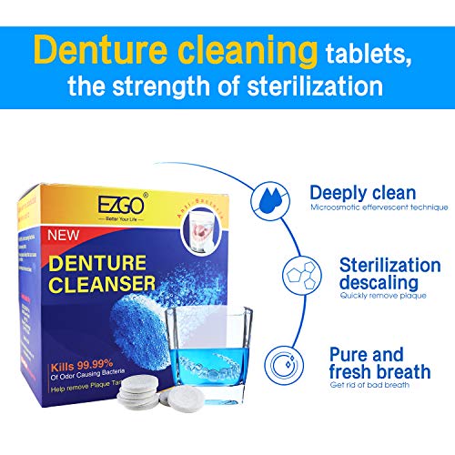 EZGO Denture Cleaner Tablets and Retainer Cleaner, Micro Cleaning Denture Cleanser, Help Removes Stain, Plaque, Bad Odor from Denture & Retainer (180 Days Supply)