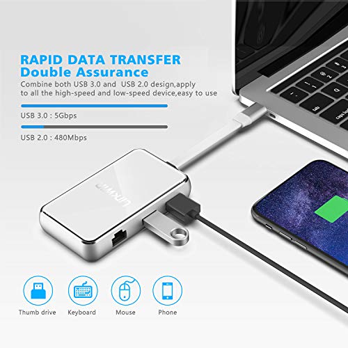 USB C Hub, LINKWIN 6 in 1 Tempered Glass USB C Multiport Adapter, USB C to HDMI, VGA, 2 USB 3.0 Ports, USB C Charging, RJ45 Gigabit Ethernet, USB C Dock Dongle Compatible Apple MacBook Pro 13 (White)