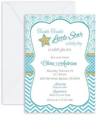 Boy Twinkle Twinkle Little Star Baby Shower Invitation damask Invitation Blue and Gold Boy or Girl (Choose Colors)