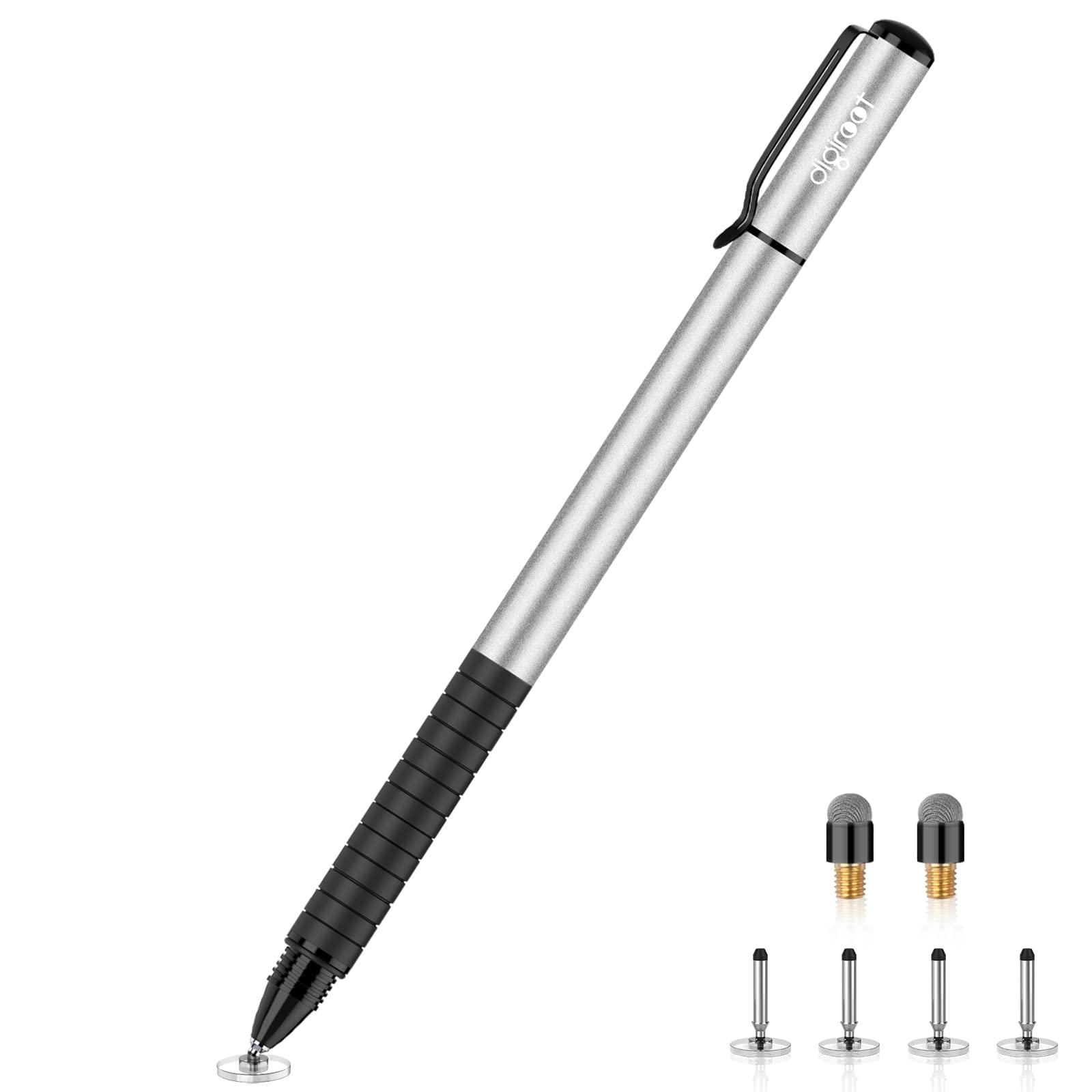 Digiroot Universal Stylus,[2-in-1] Disc Stylus Pens for All Touch Screens Cell Phones, iPad, Tablets, Laptops with 6 Replacement Tips(4 Discs, 2 Fiber Tips Included) - (Silver)