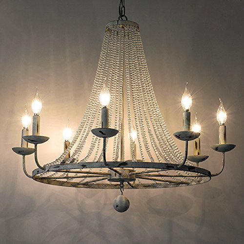 JiuZhuo Rustic Candle Shaped 8 Light Crystal Bead Strands Metal Wheel