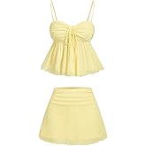WDIRARA Women's Summer 2 Piece Skirts Sets Ruffle Peplum Camisole Tops A Line Skirts Outfits