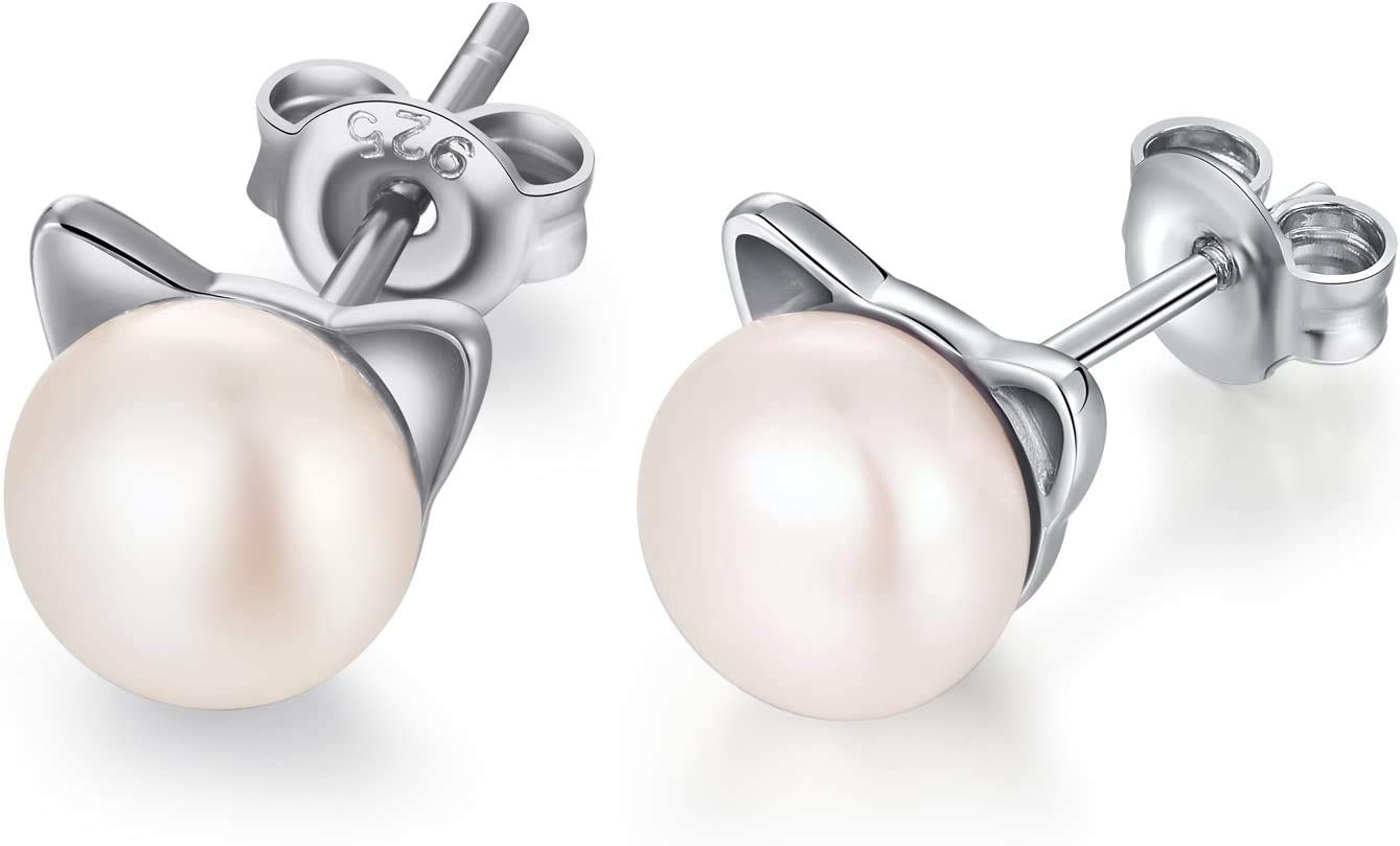 Jiahanzb 925 Sterling Silver Pearl Stud Earrings Hypoallergenic Silver Cat Earring for Women 8 mm โ image 1