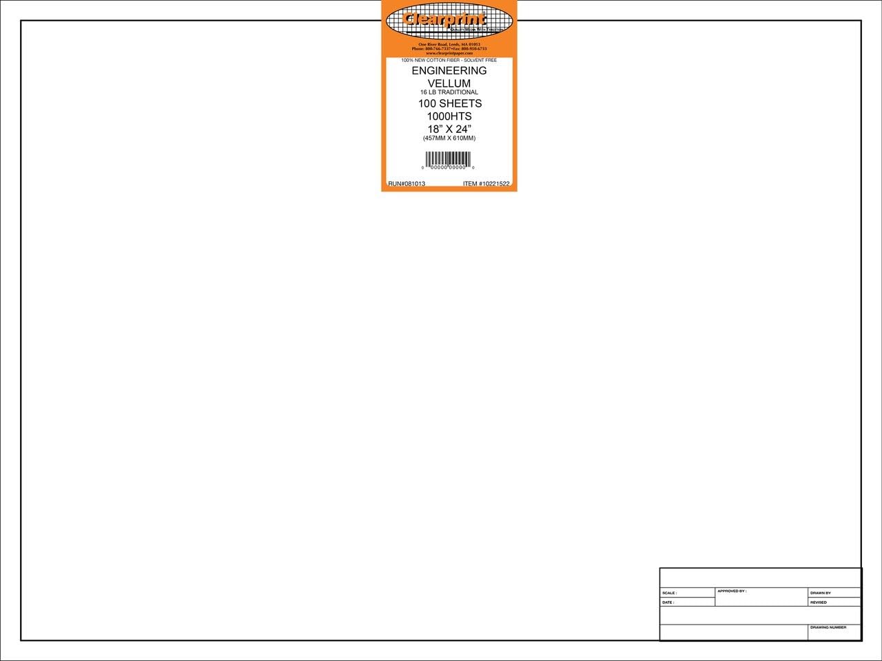 Clearprint Vellum Sheets with Engineer Title Block, 18x24 Inches, 16 lb, 60 GSM, 1000H 100% Cotton, 10 Sheets/Pack, Translucent White (10221222) : Arts And Crafts Vellum : Office Products