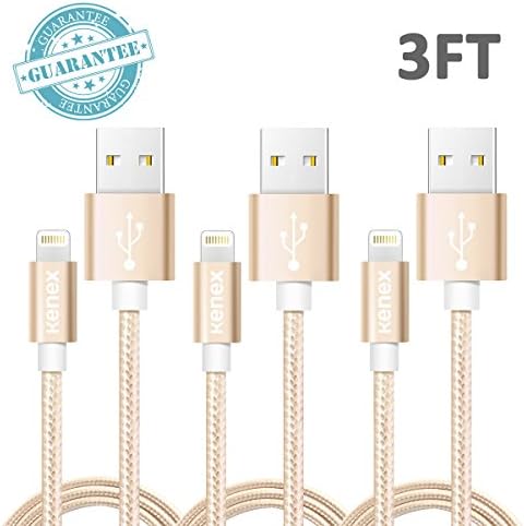 Kenex® 3 Packs 3.3ft [Gold] USB 2.0 Nylon Braided Lightning Cable USB Charging Cable Cord for iPhone 6S/6S Plus/6 Plus/6/5/5C/5S/SE, iPad Air, Mini 4, iPod 5 and iPod 7