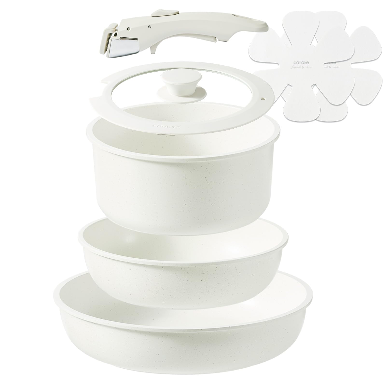 CAROTE カローテ フライパン セット 5点+2点収納マット IH·ガス火対応 PFOA PFOS フリー 5層構造 軽量 取っ手のとれる フライパン 20cm 26cm 鍋18cm マーブルコート 鍋セット スルスルすべる くっつきにくい 新生活応援 一人暮らし お手入れが簡単 オーブン対応 一年保証 ベージュ 「アイスクリーム」シリーズ商品画像