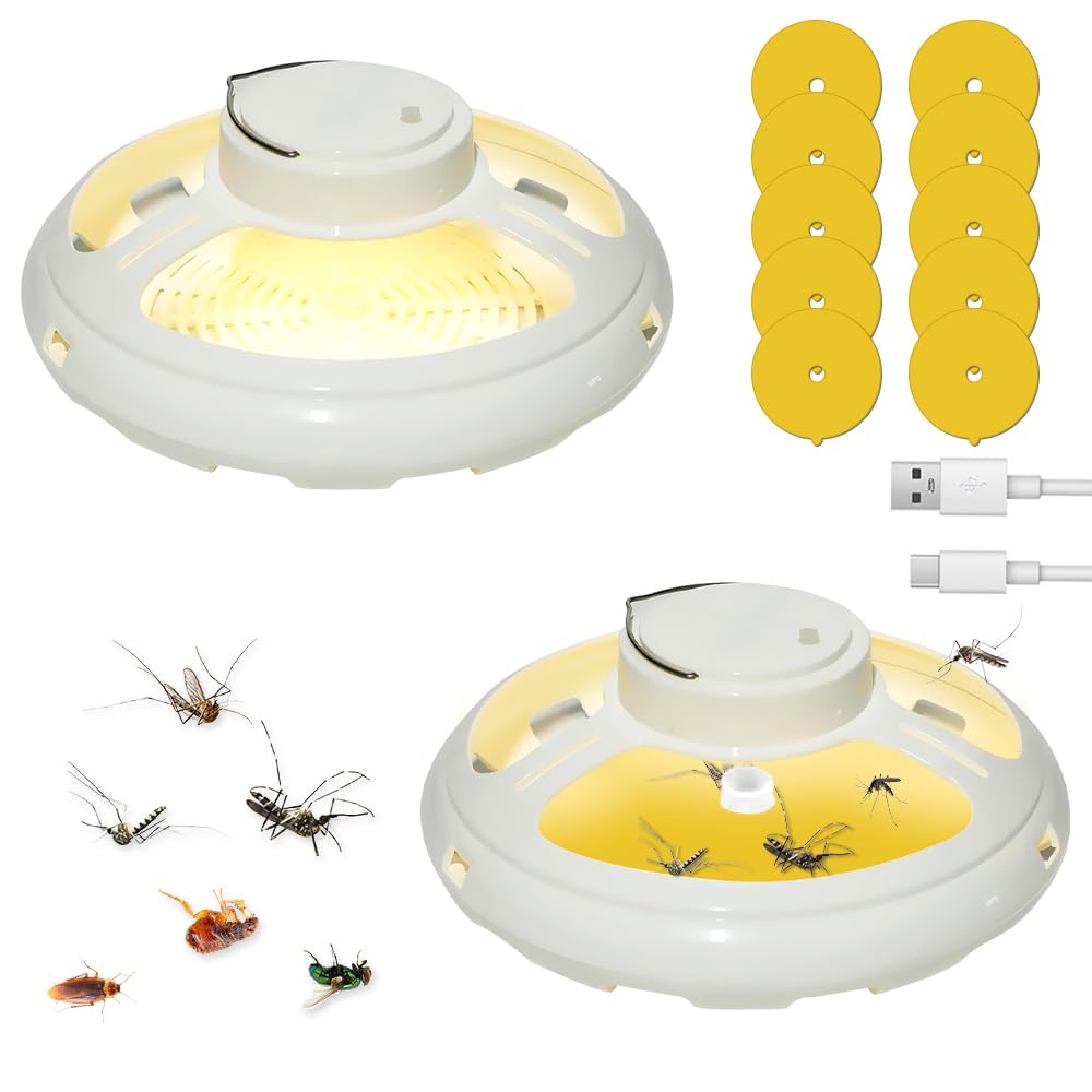 YANGUN 2PCS Flea Light Trap, Flea Treatment for House with 10 Sticky Discs, FleaTraps for Home, Safe, Non-Toxic and Odorless, Natural Insect Traps for House Bedroom, Kitchen(White)
