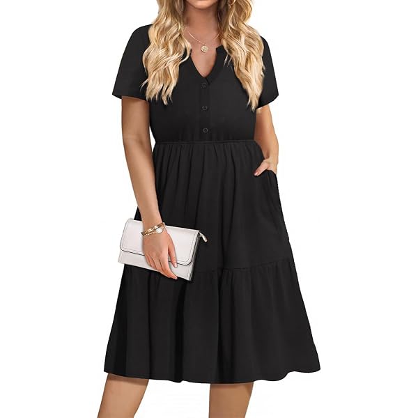 TIYOMI Women's Plus Size V-Neck Midi Dress - Short Sleeve, Pleated, With Pockets (XL-5XL) - View #7