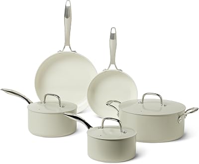 Lot de 8 Casseroles et Poêles Antiadhésives en Céramique, Compatible Lave-Vaisselle et Four, Compatible Tous Feux, Couleur Gris Lin