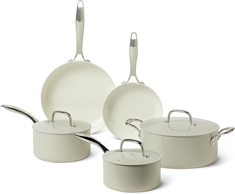 Pentole e Padelle Antiaderenti in Ceramica, Set di 8 Pezzi, Lavabili in Lavastoviglie e Adatte al Forno, Adatte a Tutti i Piani Cottura, Grigio Lino