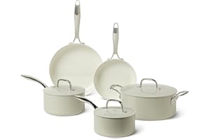 �鶹�� Basics Ceramic Nonstick Cookware, 8-Piece Set of Pots and Pans, Dishwasher and Oven-Safe, All Cooktop Friendly, Linen 