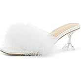 Heiyom Women's Square Toe Low Stilettos Heels Mules Sandals Fluffy Feather Slip on Clear Low Heels Wedding Bridal Party Dress Shoes