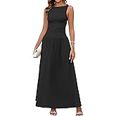 EYNMIN Summer Sleeveless Long Dress Crewneck Ruched Tank Flowy A Line Casual Formal Wedding Guest Dresses for Women