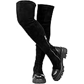 CouieCuies Thigh High Boots for women Black Platform Suede Over The Knee Boots Lug Sole Tall Boot Side Zipper Long Dress Boot