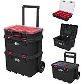 Keter Stack N Rolling Tool Box Modular Storage System 3 Piece | Black and Red, Heavy Duty, Weatherproof, All Terrain Wheels, Durable, Easy to Use, Telescoping Handle