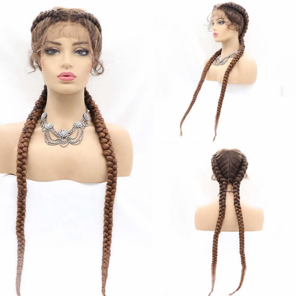 Xiweiya Wigs 36" Super Long Brown Synthetic Braid Lace Front Wigs Double Box Braiding Hair With Baby Hair HandMade Braid Wigs…