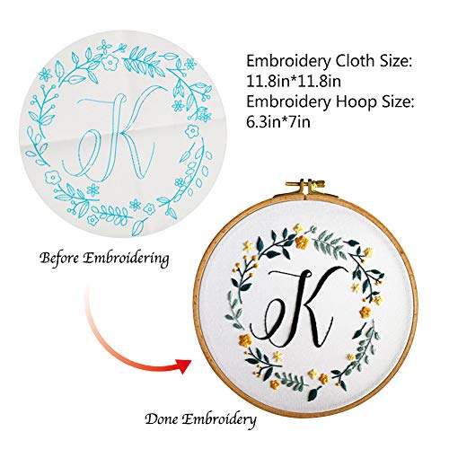 Hangnuo 2 Embroidery Starter Kit with Floral OK Nope Pattern for Beginners, Full Range Embroidery Cross Stitch with Embroidery Cloth, Bamboo Hoops, Threads, Needles, and Scissors