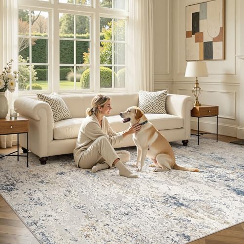 DMOYEST Rugs Living Room Washable - Area Rugs for Bedroom Large Abstract Neutral Modern Rug Soft Non Slip Low Pile 160 x 230 - Beige Blue