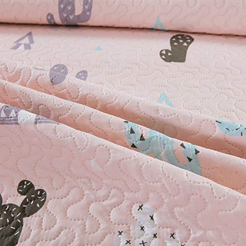 Kids Girls Cactus Quilt Set Twin Size Pink Bedding Quilt Soft Lightweight Summer Thin Bedspread Coverlet All Season Reversible Bed Set with Sham for Kids Teens Adults (1 Quilt+2 Pillow Sham)