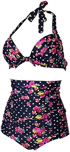 Cuteplus 50S Retro Vintage Floral Print High Waist Bikini SwimSuit for Women Girls