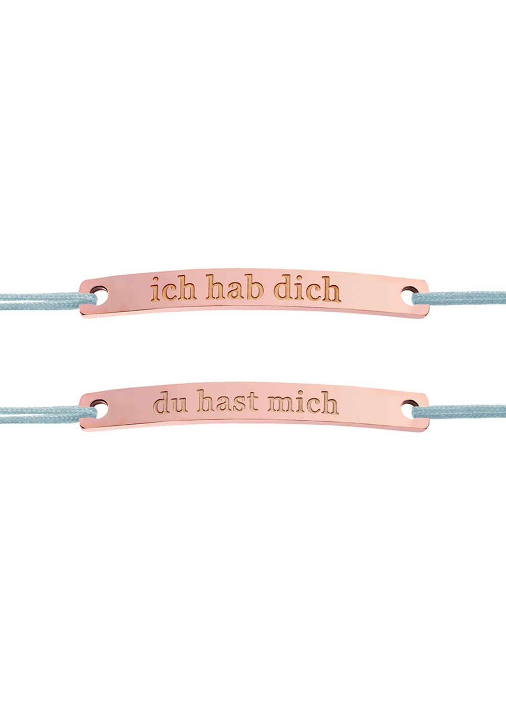 Set of 2 Gift Set Bracelet with Quote Friendship Bracelet with Stainless Steel Round Pendant Rose Gold-Plated 3 x 34 mm, Adjustable Fabric Cord in Light Grey: “Ich hab dich, du hast mich”