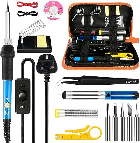 Azonee Soldering Iron Kit, Soldering-Iron Gun with Adjustable Temp and ON/Off Switch, 5 Soldering Tips, Desoldering Pump, Solder Wire, 2 in 1 Wire Stripper Cutter, Soldering Iron Stand, Tool Case