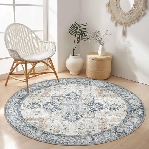 GENIMO Runder Vintage Teppich Blau, Waschbar fürs Wohnzimmer, Ø 120 cm