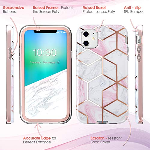 FITFORT iPhone 11 Protective Case with Screen Protector Full-Body Slim Rugged Stylish 3D Case, Shock Drop Proof Impact Resist Extreme Durable Protective Case for Ladies and Girl Compatible with iPho