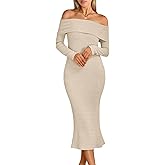 LILLUSORY Women's Off The Shoulder Sweater Dress Bodycon Maxi Long Sleeve Party Dresses