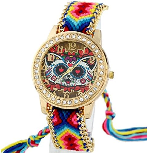 Ethnic Women Watch Vintage Cat Rhinestone Dial Fashion Wristwatch Braided Lace Yellow
