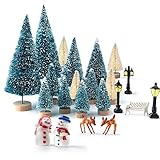 KUUQA Mini Assorted Pine Trees Bottle Brush Trees with Snowmen, Reindeer, Mini Garden Wooden Bench, Street Lamps Miniature Ornaments for Christmas Village Decoration Ornaments Winter Decor(Set of 31)