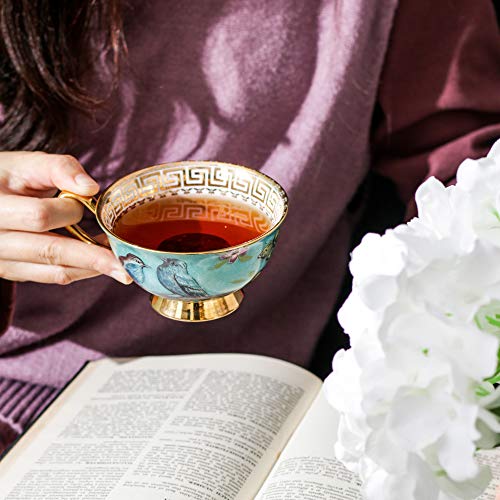 Panbado 3 Piece Bone China Tea Cup Saucer Set with Spoon Porcelain Gold Rimmed Teacup Coffee, Flower and Birds, 200 mL/6.8 oz, Blue, Cup & Saucer