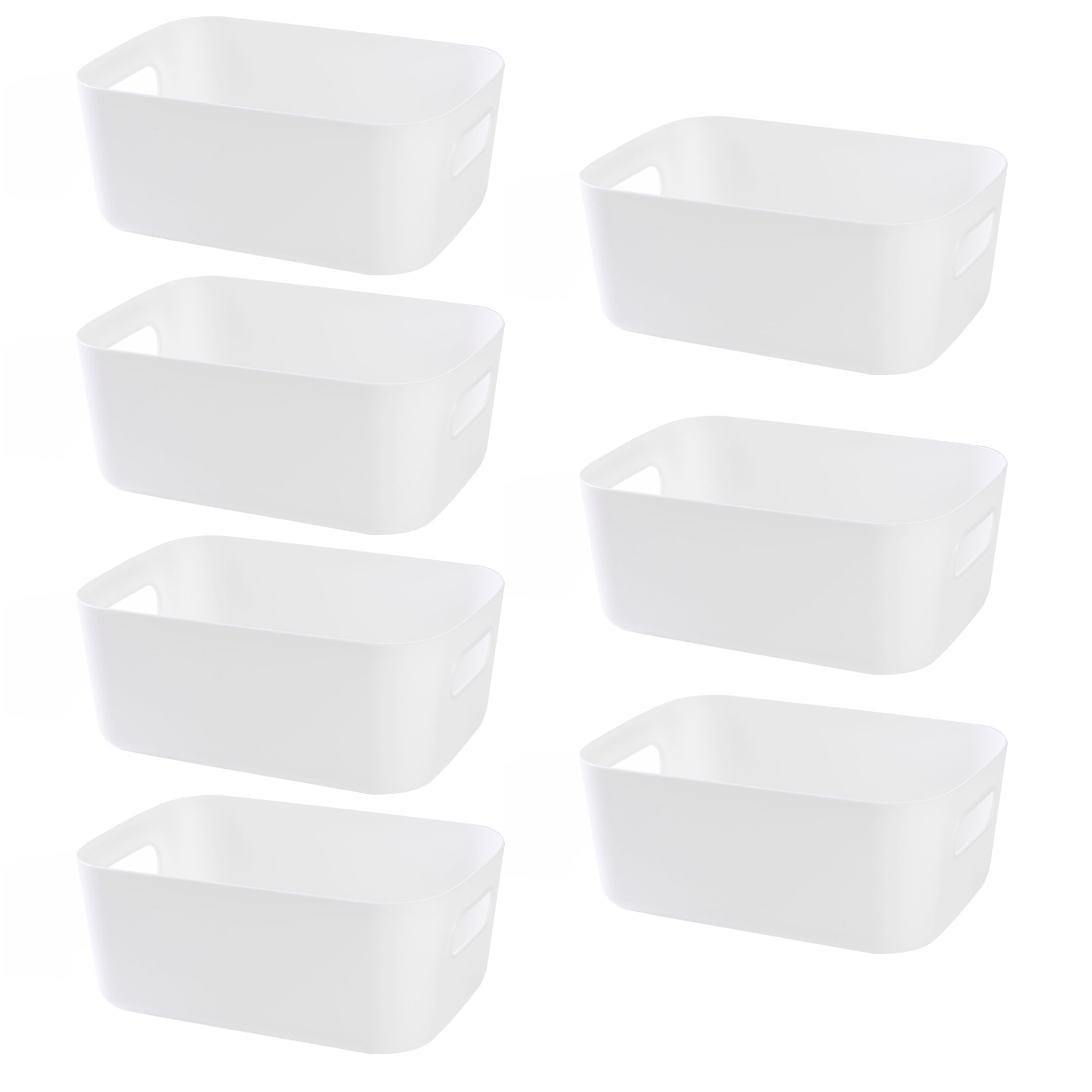 HapiLeap Plastic Organisation Boxes, Multiple Colour Storage Baskets for Kitchen, Cupboard, Office, Bathroom, Toy, Home Tidy Open Storage Bins with Handles (White (7 Pack))