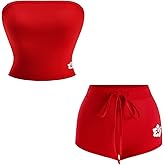 winkbay Women's 2 Piece Going Out Outfits Y2k Floral Strapless Tube Top and Drawstring Shorts Party Sets