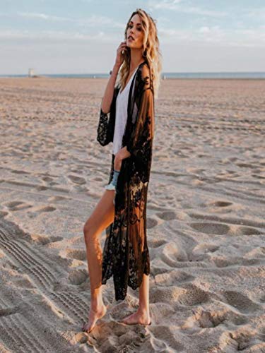 Womens Kimono Cardigan, Women Lace Bohemian Beach Long Oversized Kimono Coat (Black, Free Size)