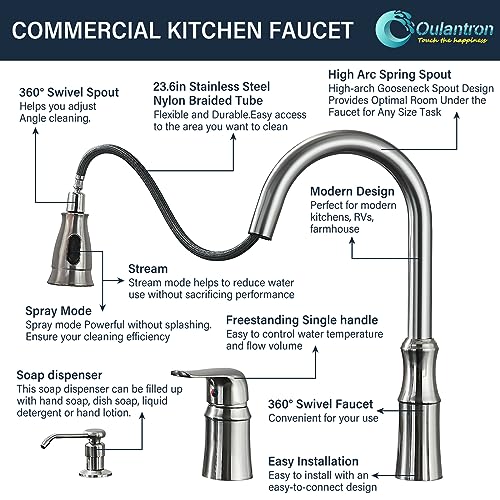 Oulantron 3 Hole Kitchen Faucet with Pull Down Sprayer Kitchen Faucet with Soap Dispenser, High Arc Pull Out Kitchen Sink Faucet Brushed Nickel Commercial Kitchen Faucets