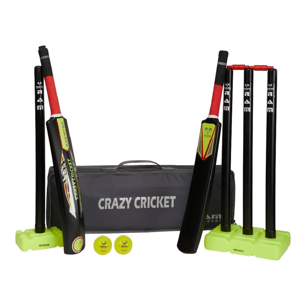 Ram Cricket Junior Crazy Cricket Set - approx. ages 9-13 yrs - includes 1 x Size 5 Bat, 1x Size 3 Bat – Durable & Balanced Kwik Cricket Style Set for Training, Matches, Garden, Beach, or Park
