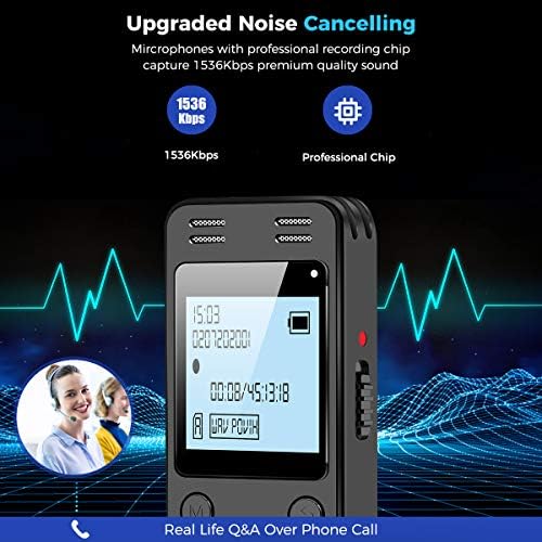 Black voice recorder with 32GB storage, capable of recording at 1536kbps quality for long hours.