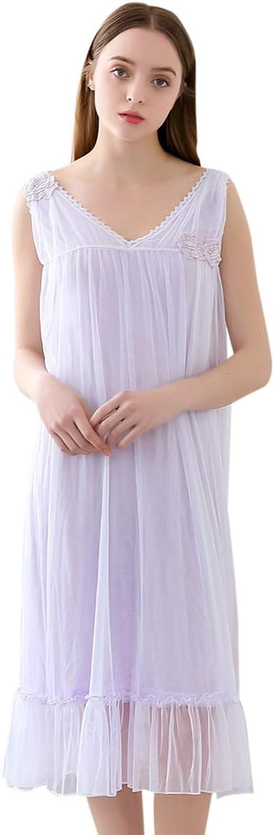 Long Nightdresses for Women?Palace Mesh Yarn Modal Sling Nightdress Lady Sexy Sweet Pajamas Summer Long Cute Japanese Home Dress One Size Purple
