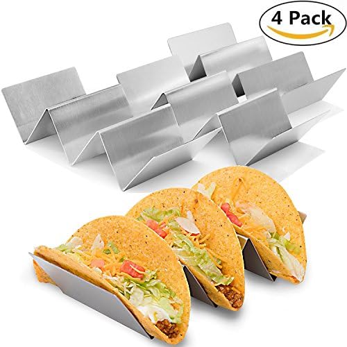 Vabau Stylish Stainless Steel Taco Holder Stand,Taco Rack Shell Truck Tray Style, Oven Baking Grill and Dishwasher Safe, 4"x8"x2.2"-Set of 4