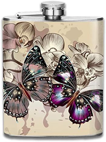 Flowers and Butterflies Fashion Portable Stainless Steel Hip Flask Whiskey Bottle for Men and Women 7 Oz