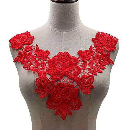 2 pcs Embroidery Double Rose Flower Lace Neckline Fabric, DIY Collar Lace Fabrics for Sewing Supplies Crafts(Color D)