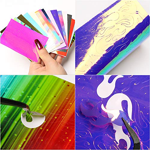 Modelones Flame Reflections Nail Stickers-16 PCS Fire Nail Decals for Gel Nail Polish Acrylic Powder Nail Art Holographic 3D Stickers with Tweezers Manicure Nail DIY Decoration