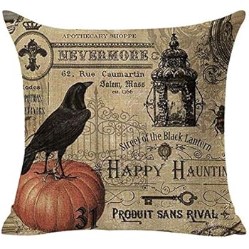 Royalours Throw Pillow Covers Halloween Garden Cotton Linen Vintage Halloween Pumpkin Crow and Owl Decorative Pillow Case Cushion Cover Pillowslip 18