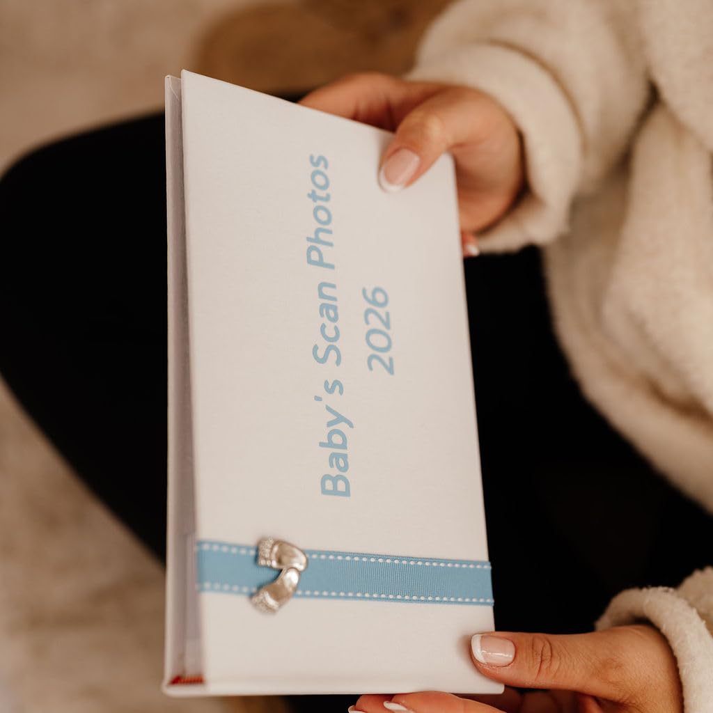 Baby's Scan Photos 2026 - Photo display album with blue ribbon and metal footprints
