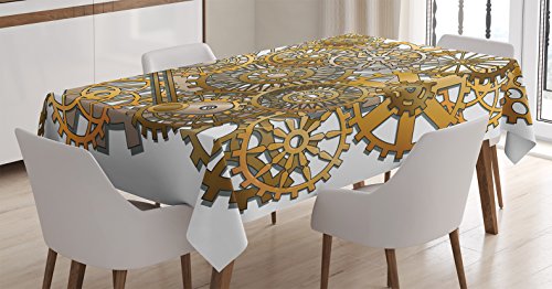 Ambesonne Clock Decor Tablecloth, The Gears in The Style of Steampunk Mechanical Design Engineering Theme, Dining Room Kitchen Rectangular Table Cover, 52 W X 70 L inches, Gold and Brown