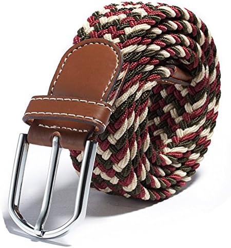 RevoLity Mens Multicolor Elastic Fabric Woven Braided Stretch Webbed Belt with PU Leather Buckle Length 105cm Colour (Dark red)