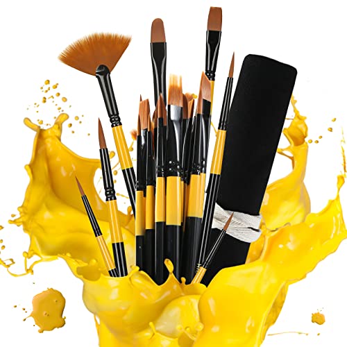 HIBOO Art Paint Brush Set-15 Different Sizes of Professionals Paint Brushes Wood Handles with Oil-Sealing Technique for Watercolor Acrylic Oil , Face and Nails Painting (Yellow & Black)