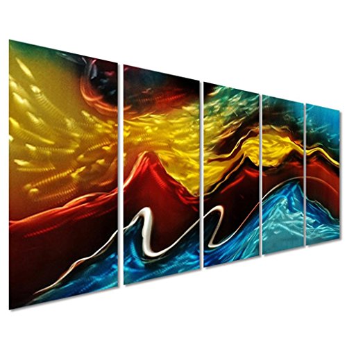 Battle of the Elements Metal Wall Art Decor - Modern Landscape Set of 5 Multi colored Panels - Decorative Hanging Sculpture for your home, business, Office - 64" x 24"